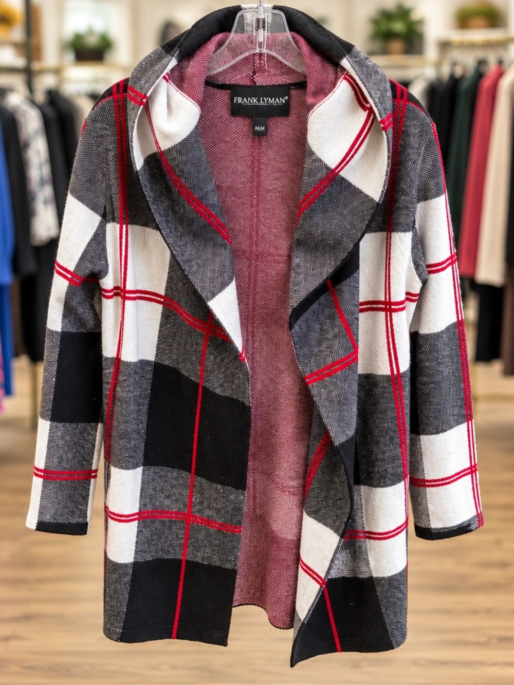 Frank Lyman Design Black, White & Red Plaid Open-Front Hooded Coat
